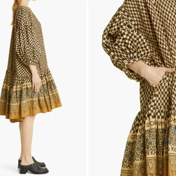 Story MFG. Verity Check Balloon Sleeve Organic Cotton Dress - Picture 2 of 3